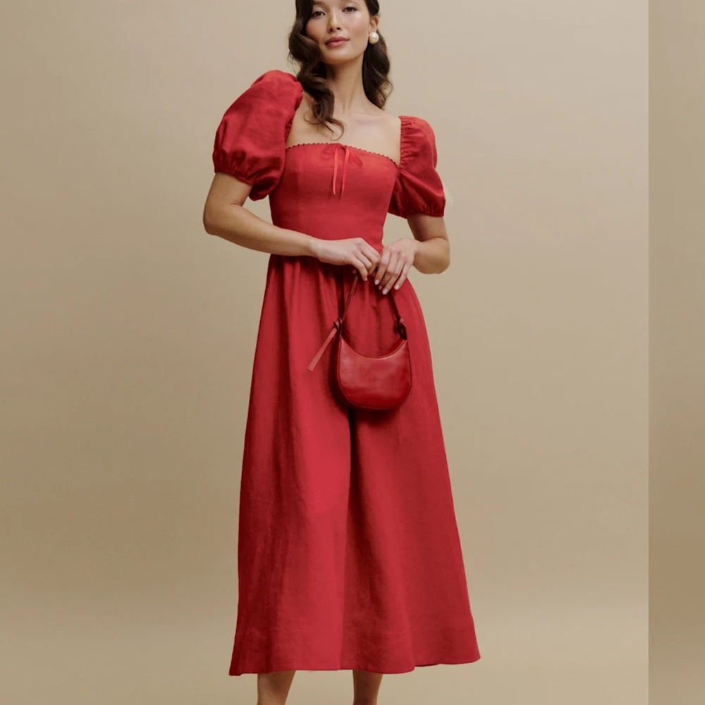 Reformation Red Midi Dress with Puff Sleeves